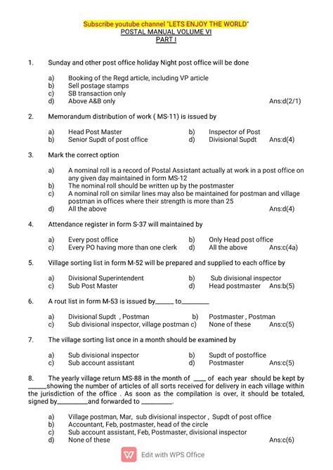Postal Manual Volume VI Part 1 MCQs | GDS To PA/SA/Postman/MTS MCQ ...