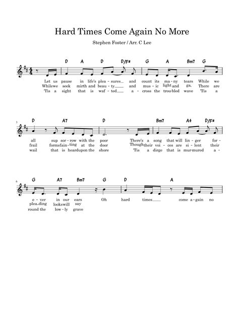 Hard Times Come Again No More (D) (arr. C Lee) by Stephen Foster Sheet ...