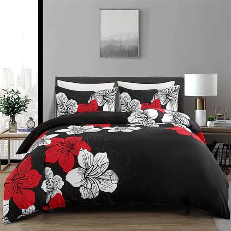 Menghomeus Black Comforter Set Queen Red and White Floral Comforter ...