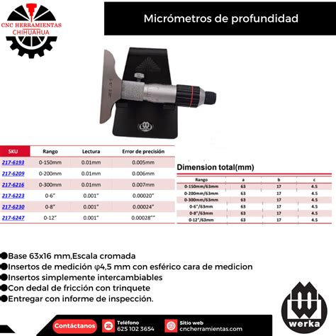 Micrómetros de profundidad 0-12x0.001 Pulgada Werka
