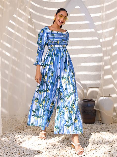 Buy Blue Print Cetara Lemon Stripe Jumpsuit for Women | Ladies Linen ...