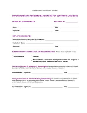 Superintendent's Recommendation Form for Continuing Licensure - Blank ...