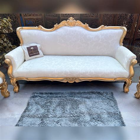 Buy Hand Carved Teak Wood 5 Seater Sofa Set (Antique Golden Finish ...