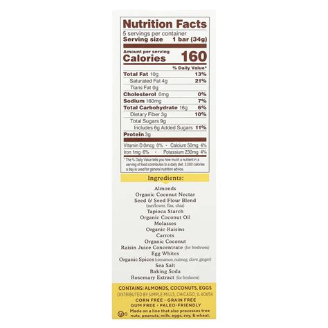 Simple Mills, Soft Baked Almond Flour Bars, Spiced Carrot Cake, 5 Bars ...