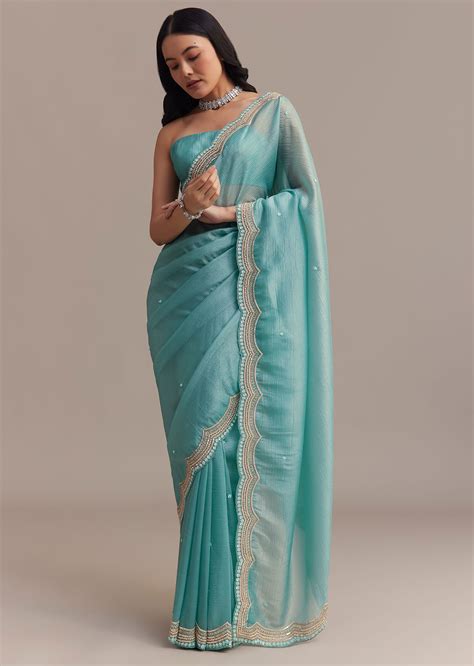 Firozi Blue Crushed Tissue Saree With Sequins Embellished Scallop Bord ...