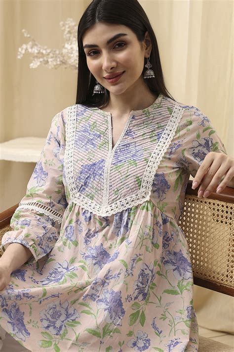 Buy Ice Blue Cotton Floral Flared Short Kurta Online at Biba India
