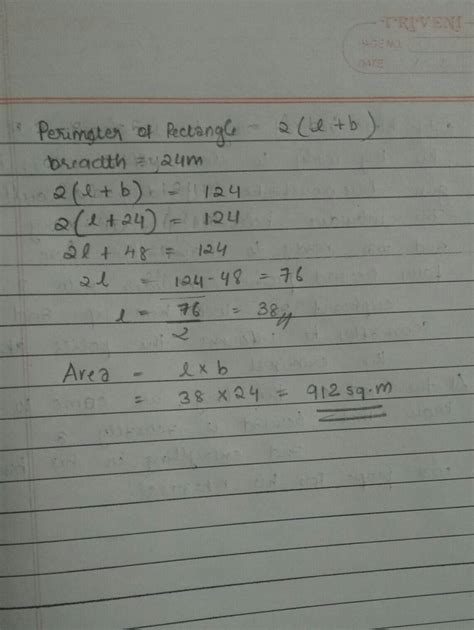 The perimeter of a rectangle feild is 124m and breadth 24m find its ...