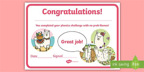 Phonics Screening Check Llama Reward Certificate