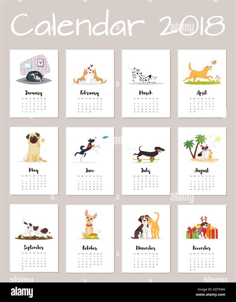 Vector cartoon style illustration of 2018 dog year calendar. Isolated ...