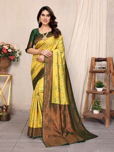 Buy AVANTIKA FASHION Woven Kanjivaram Pure Silk, Art Silk Yellow, Green ...