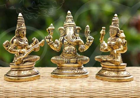 Lord Ganesha Lakshmi And Saraswathi Statue Brass 3.5 inches – Coolboss