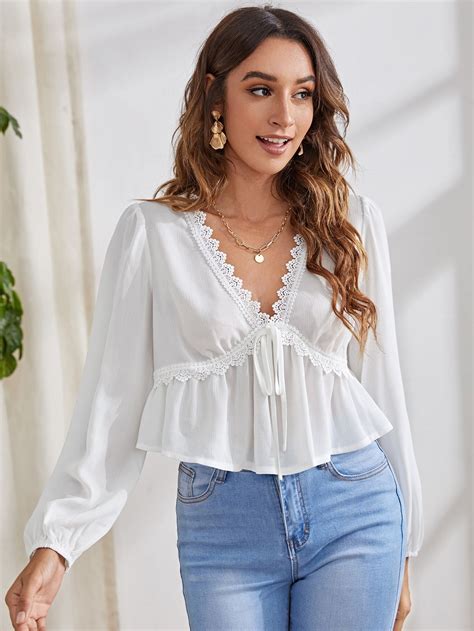 Guipure Lace Trim Tie Front Lantern Sleeve Smock Top | White flowy ...