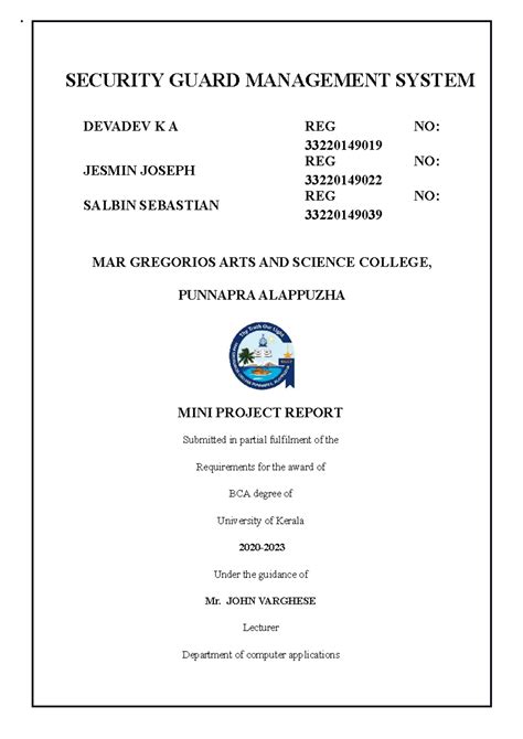 Security Guard Management System Mini Project Report - BCA - Studocu