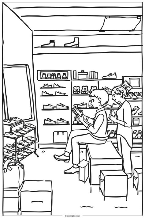 Shoe Shopping in a Store Coloring Page (Free PDF&PNG Printable)