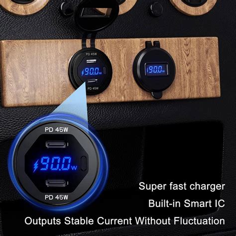 90W USB CType C PD + 18W QC3.0 USB Fast Car Charger with Voltage/Power Motorcycle For SUV ATV T ...