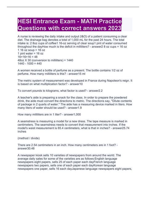 HESI Entrance Exam - MATH Practice Questions with correct answers 2023 ...