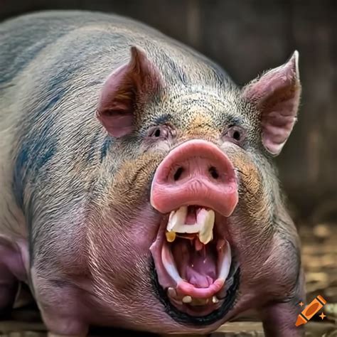 Chubby pig with sharp teeth and food in its mouth on Craiyon