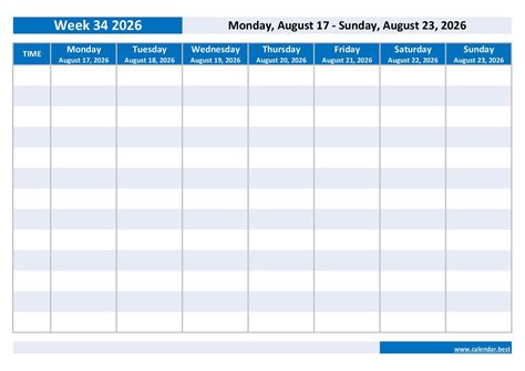 Printable 2026 weekly calendar