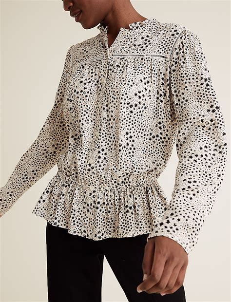 Buy Printed Frill Neck Long Sleeve Peplum Top at Marks & Spencer