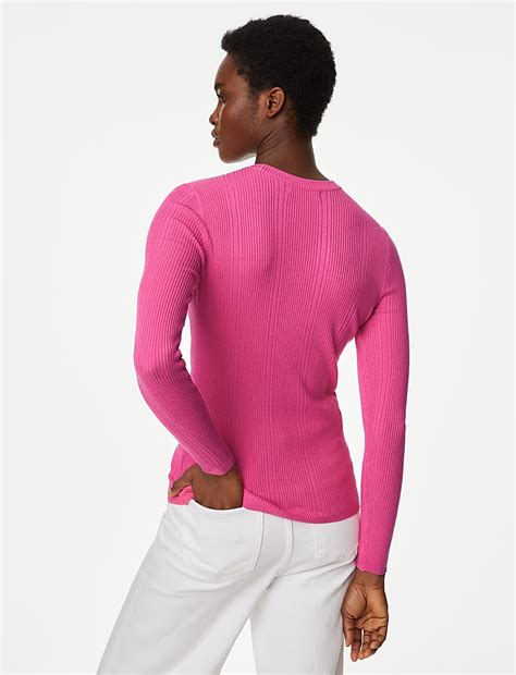 Buy Ribbed Crew Neck Fitted Knitted Top at Marks & Spencer