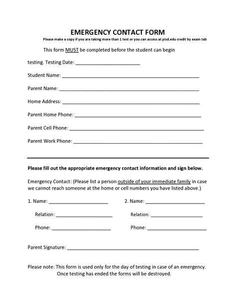 Student Emergency Contact Form Student Information Form | Student