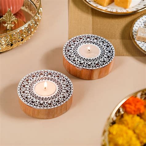 Set Of 2 Mandala Wooden Block Candle Tea Light Holders Online - Premium ...