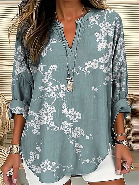 Blouse femme en lin léger respirant tunique à encolure en V manches ...