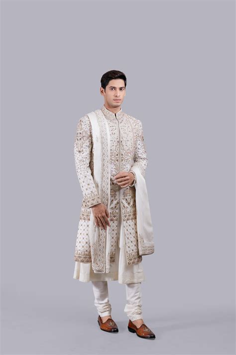 Cream Modal Silk Resham Work Sherwani For Men Online