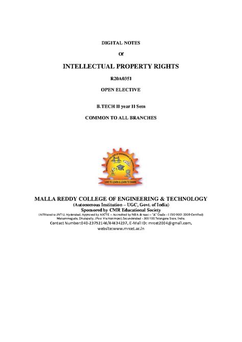 IPR (R20A0351) - Comprehensive Notes on Intellectual Property Rights ...