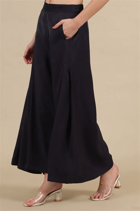 Buy Elleven Women's Blue Solid Flared Rayon Palazzo With Pleats Online ...