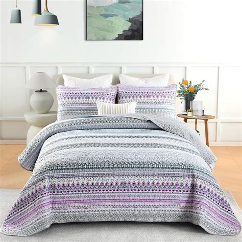 Amazon.com: Cottolester Boho Quilt Set Queen Size, Grey and Purple ...