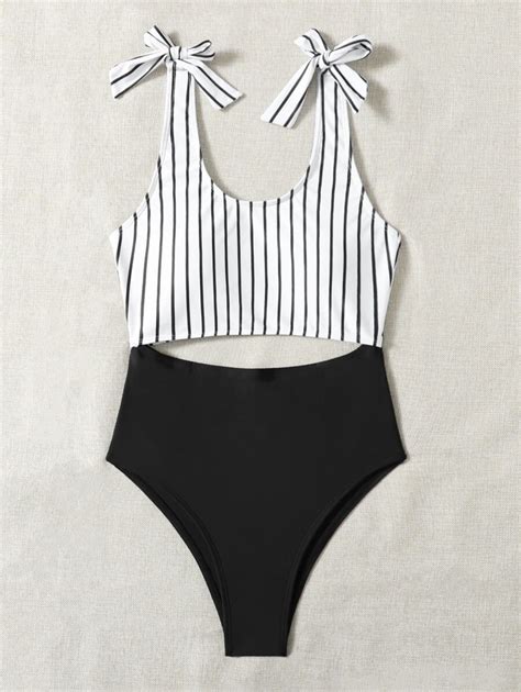 Striped Cut-out Knot Shoulder One Piece Swimsuit | SHEIN USA