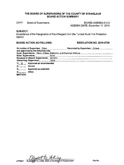 Fillable Online Acceptance of the Resignation of Paul Melgard from the ...