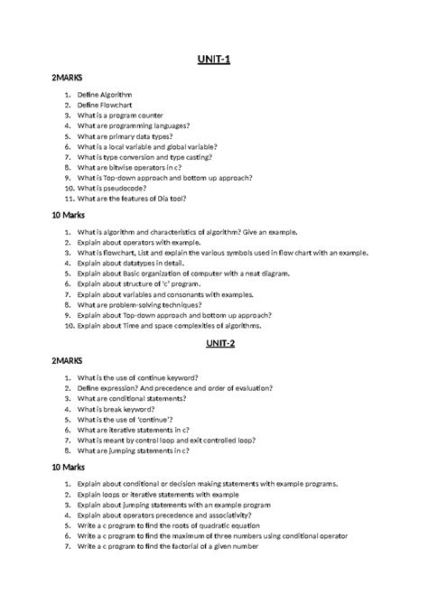 Chapter WISE Tutorial Questions for C Programming (CS101) - Studocu