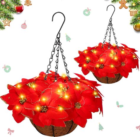 Amazon.com: HyDren 2 Pack Pre Lit Artificial Poinsettia Flowers ...