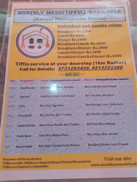 Menu at Aarohi Homemade Foods, Bengaluru