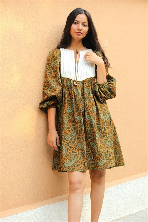 Olive Paisley Flared Dress - Mogra Designs