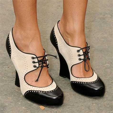 Women's Black and White Vintage Oxford Heels with Lace-Up Design, Retro ...