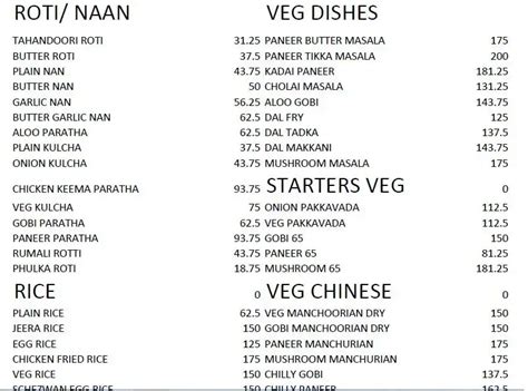 Menu at Gurji Dhaba, Perumbavoor