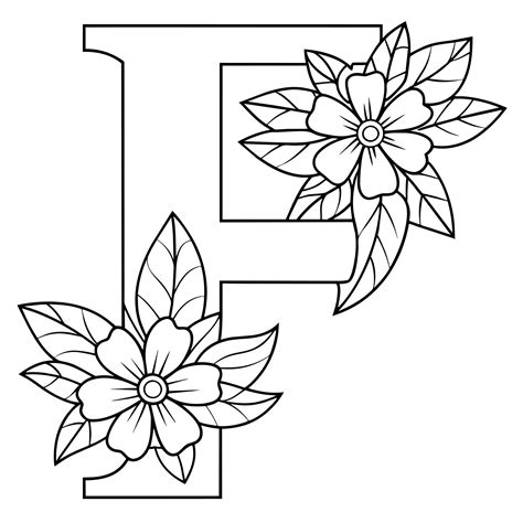 Alphabet F coloring page with the flower, F letter digital outline floral coloring page, ABC ...