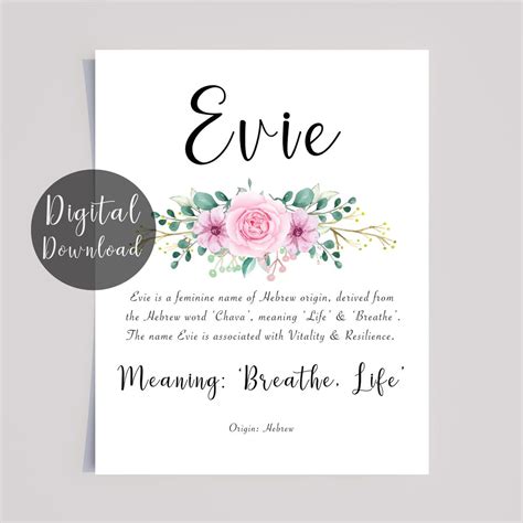 Evie Name Meaning Digital Download With Pink Flowers and Calligraphy ...