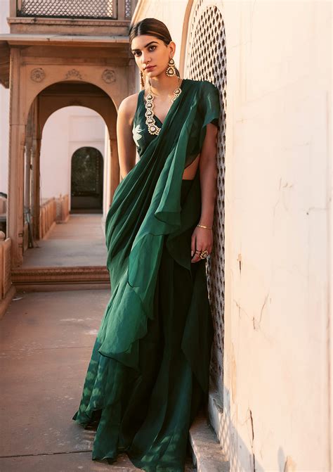 Emerald Ruffled Organza Saree Set – Seeaash