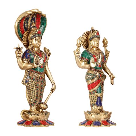 Brass Vishnu and Lakshmi Statues | 17" Height - Budhshiv.com