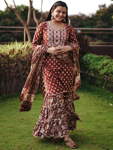 Buy Rust Yoke Design Cotton Straight Kurta With Sharara & Dupatta ...