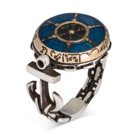 Admiral Model Rudder Anchor and Chain Motif Blue Enameled Silver Mens Ring