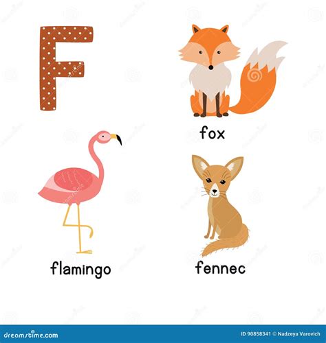 Letter F. Cute Animals. Flamingo Fennec Fox. Funny Cartoon Animals In ...