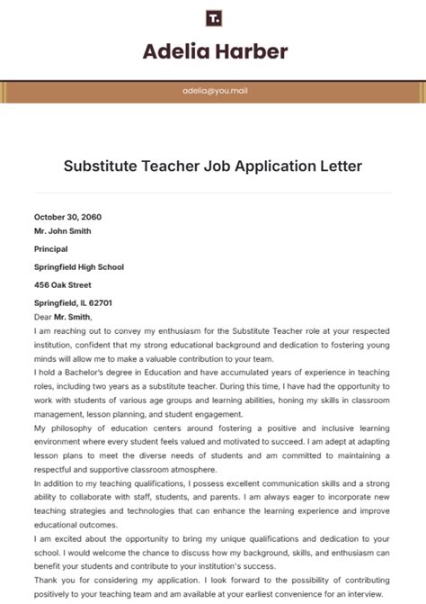 Free Substitute Teacher Job Application Letter Template to Edit Online