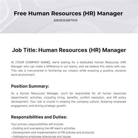 Free Human Resources (HR) Manager Job Description Template to Edit Online