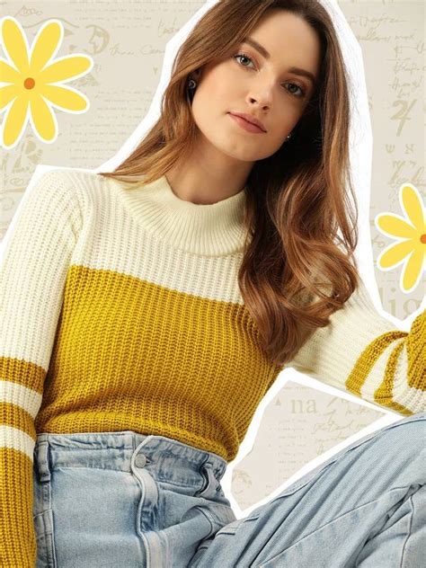 Dressberry Colorblock Turtle Neck Casual Women Yellow Sweater - Buy ...