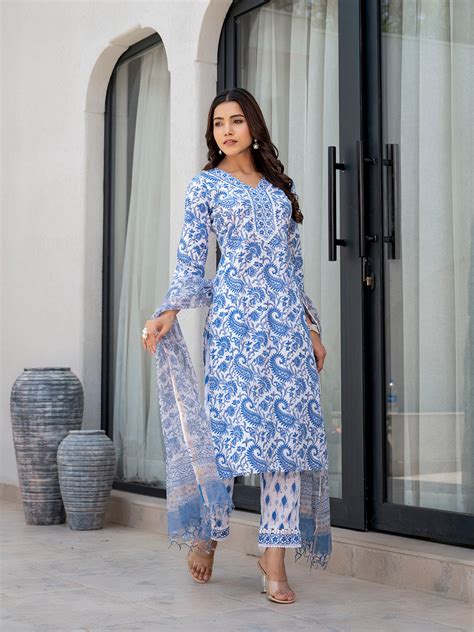 Sky Blue HandBlock Floral Print Kurta Pant Dupatta Set – Mohi fashion